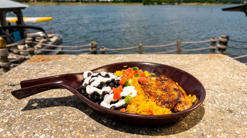 Grilled chicken, yellow rice, black beans, and pico de gallo in a brown dish by a lake.