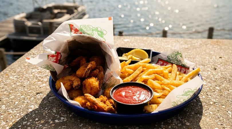 Fried shrimp and french fries with ketchup and lemon, served outdoors by a sunny lake.